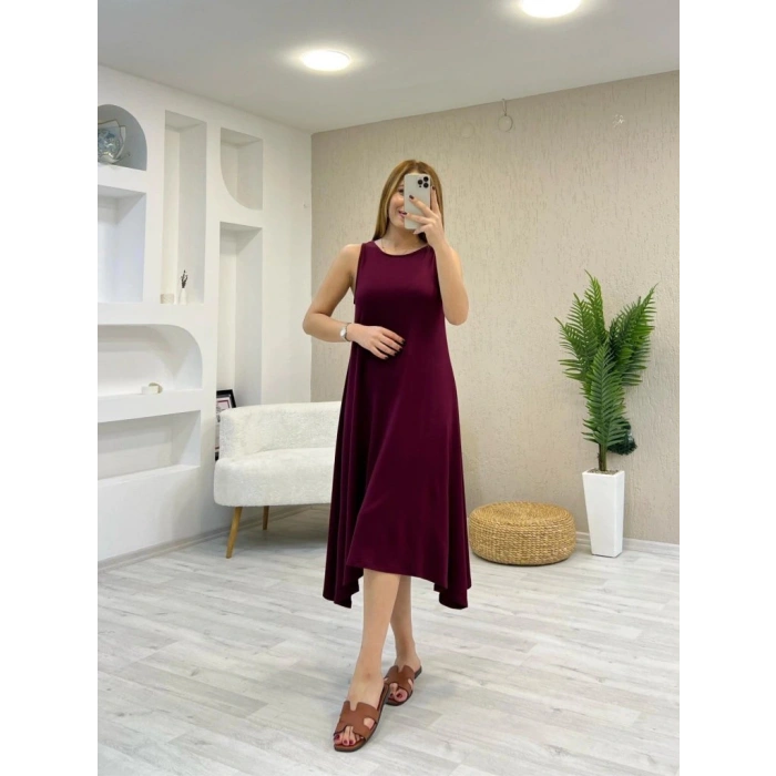 Kadın Askılı Yuvarlak Yakalı Asimetrik Kesim Detaylı Viskon Elbise
