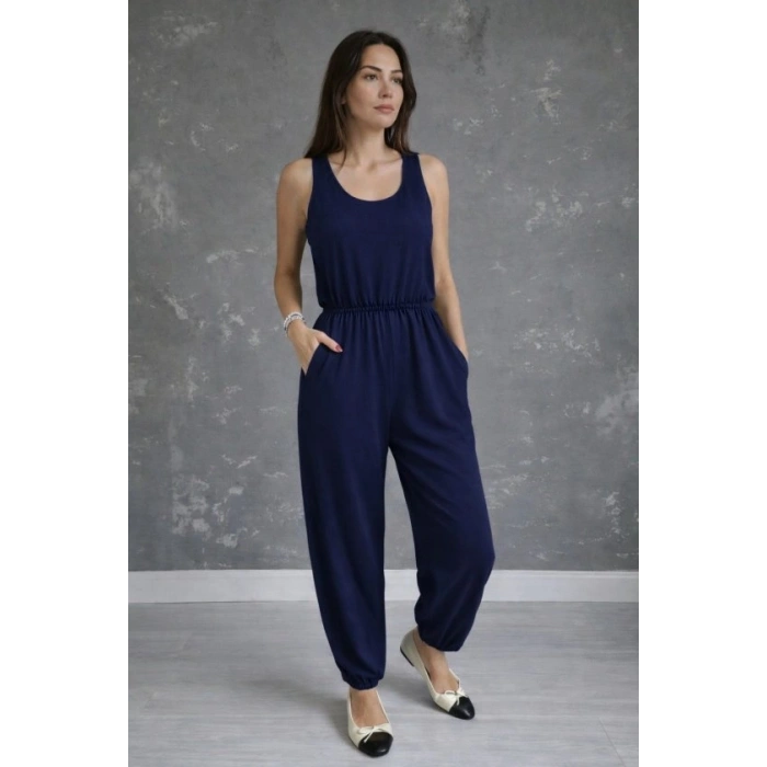 Kadın Askılı Yuvarlak Yakalı Cepli Viskon Tulum