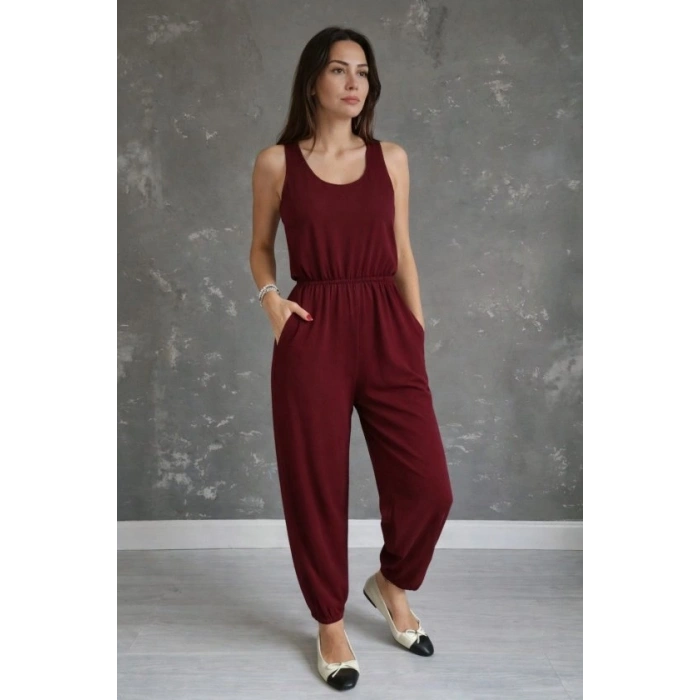 Kadın Askılı Yuvarlak Yakalı Cepli Viskon Tulum