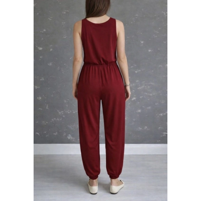 Kadın Askılı Yuvarlak Yakalı Cepli Viskon Tulum