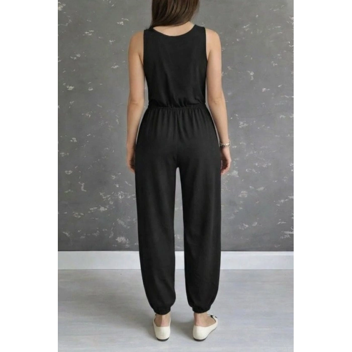 Kadın Askılı Yuvarlak Yakalı Cepli Viskon Tulum