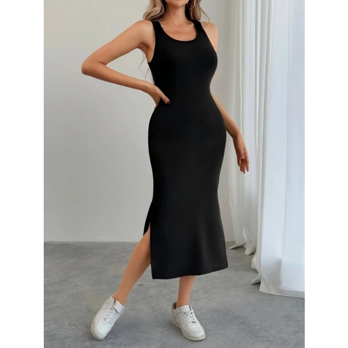 Kadın Askılı Yuvarlak Yakalı Yandan Yırtmaçlı Arkası Dantel Detaylı Viskon Elbise