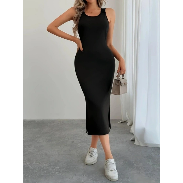 Kadın Askılı Yuvarlak Yakalı Yandan Yırtmaçlı Arkası Dantel Detaylı Viskon Elbise