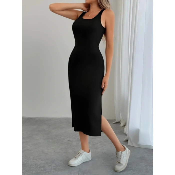 Kadın Askılı Yuvarlak Yakalı Yandan Yırtmaçlı Arkası Dantel Detaylı Viskon Elbise