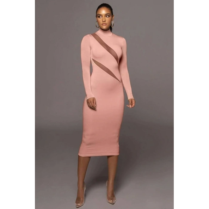 Kadın Balıkçı Yaka Uzun Kollu Asimetrik Tül Dekolteli Dırsat ürün Midi Boy Elbise