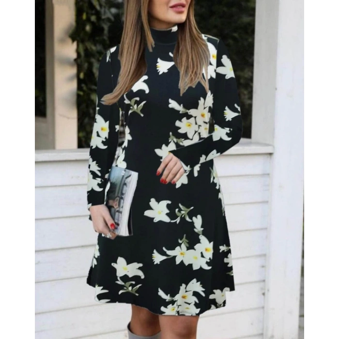 Kadın Balıkçı Yaka Uzun Kollu çiçek Desenli Krep Elbise