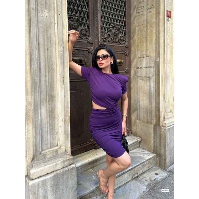 Kadın Bel Dekolteli Yanı Büzgü Detay Dalgıç Krep Kumaş Mini Elbise