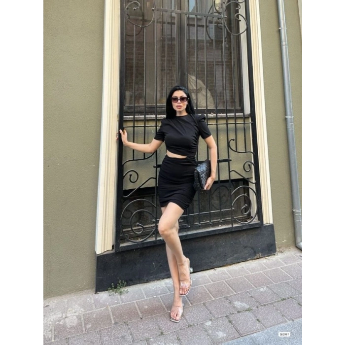 Kadın Bel Dekolteli Yanı Büzgü Detay Dalgıç Krep Kumaş Mini Elbise