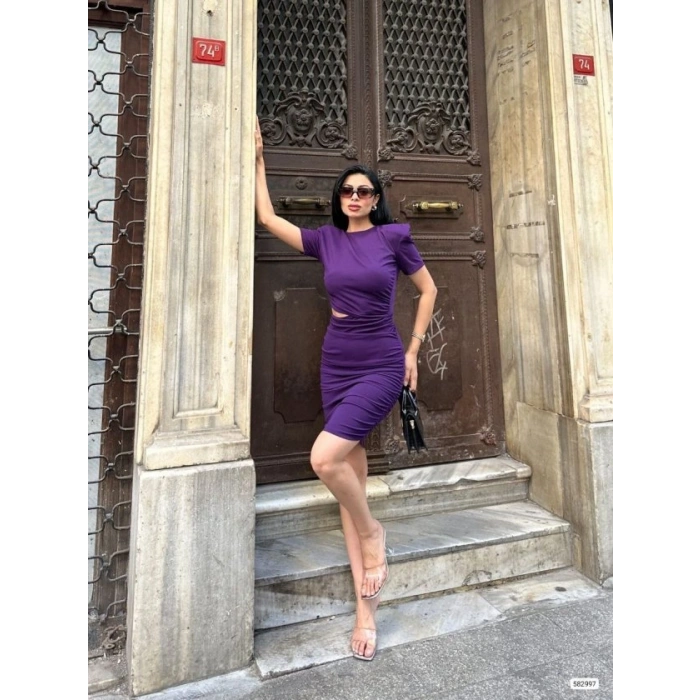 Kadın Bel Dekolteli Yanı Büzgü Detay Dalgıç Krep Kumaş Mini Elbise