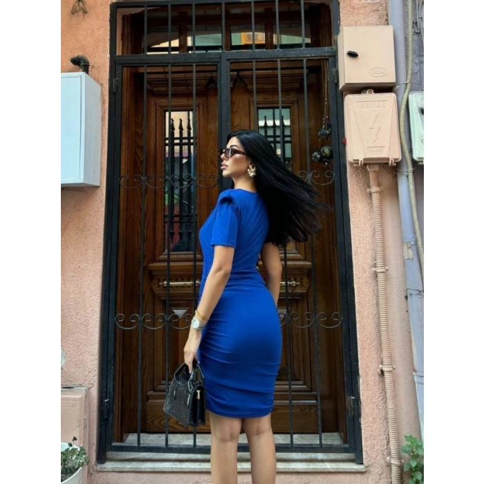 Kadın Bel Dekolteli Yanı Büzgü Detay Dalgıç Krep Kumaş Mini Elbise