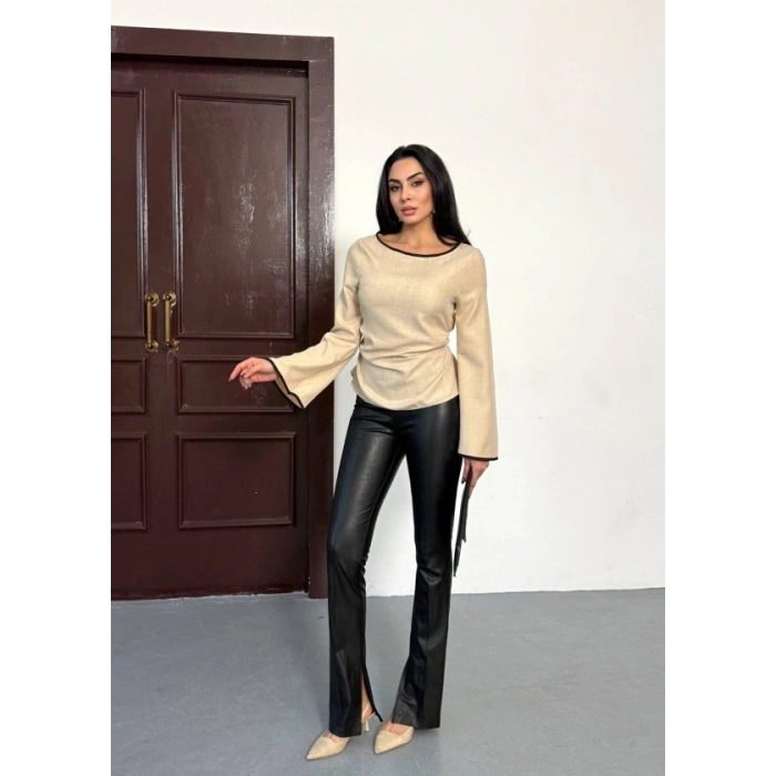 Kadın Belde Bağcık Detaylı Keten Bluz