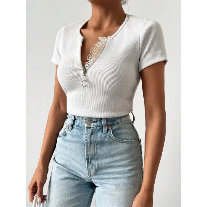 Kadın Beyaz Yaka Dantel Ve Fermuarlı Kaşkorse Bluz