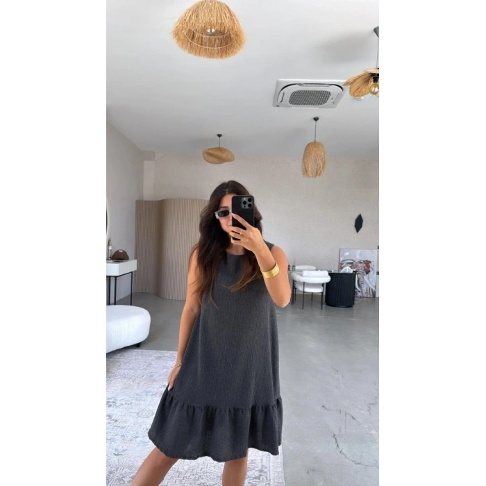 Kadın Bisiklet Yaka Eteği Volanlı Bürümcük Elbise