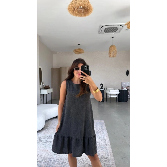 Kadın Bisiklet Yaka Eteği Volanlı Bürümcük Elbise