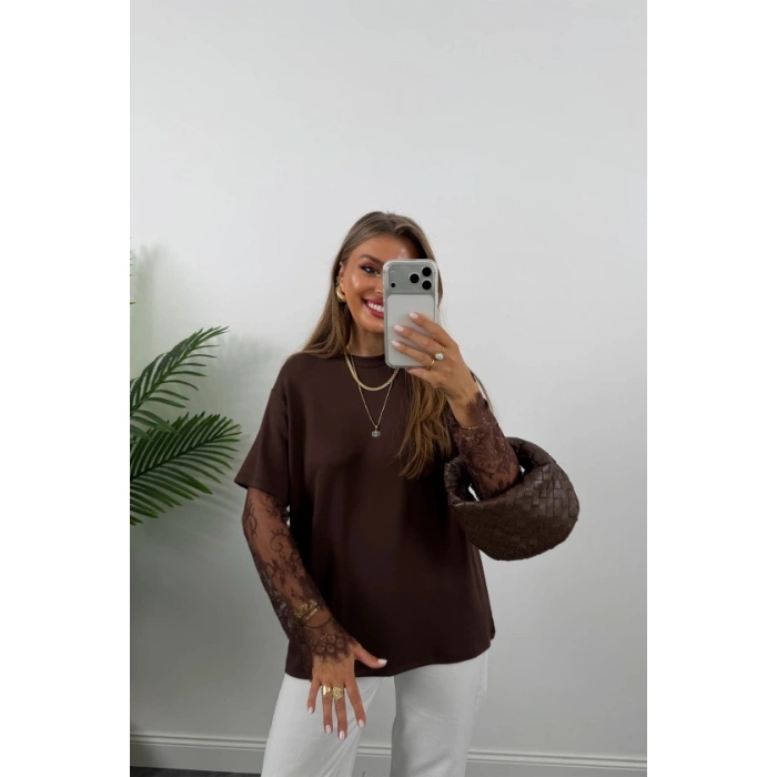 Kadın Bisiklet Yaka Kolları Dantel Güpür Detay Bluz