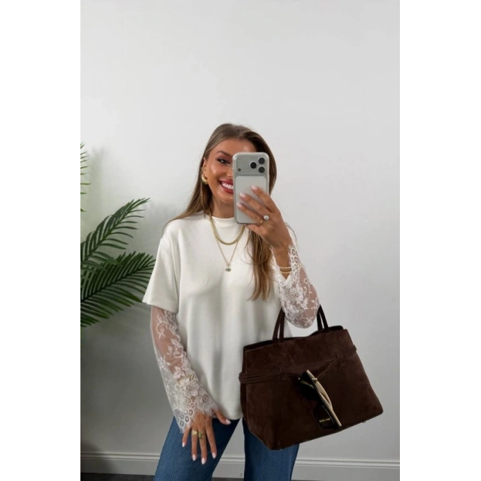 Kadın Bisiklet Yaka Kolları Dantel Güpür Detay Bluz