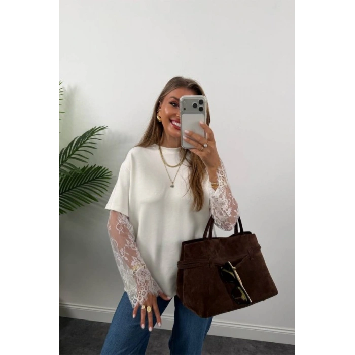 Kadın Bisiklet Yaka Kolları Dantel Güpür Detay Bluz