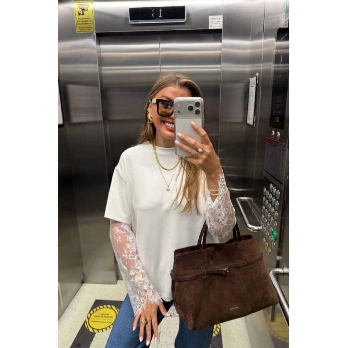 Kadın Bisiklet Yaka Kolları Dantel Güpür Detay Bluz