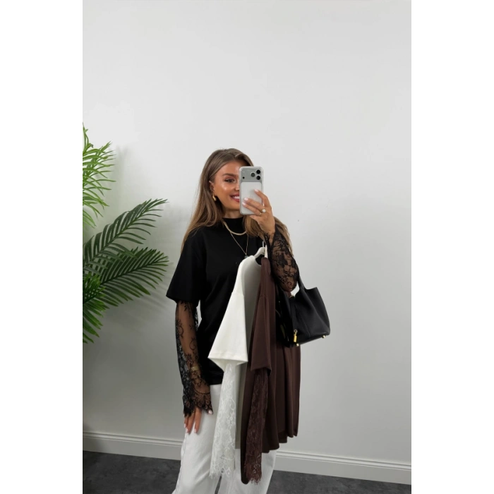 Kadın Bisiklet Yaka Kolları Dantel Güpür Detay Bluz