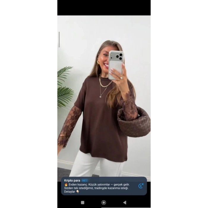 Kadın Bisiklet Yaka Kolları Dantel Güpür Detay Bluz