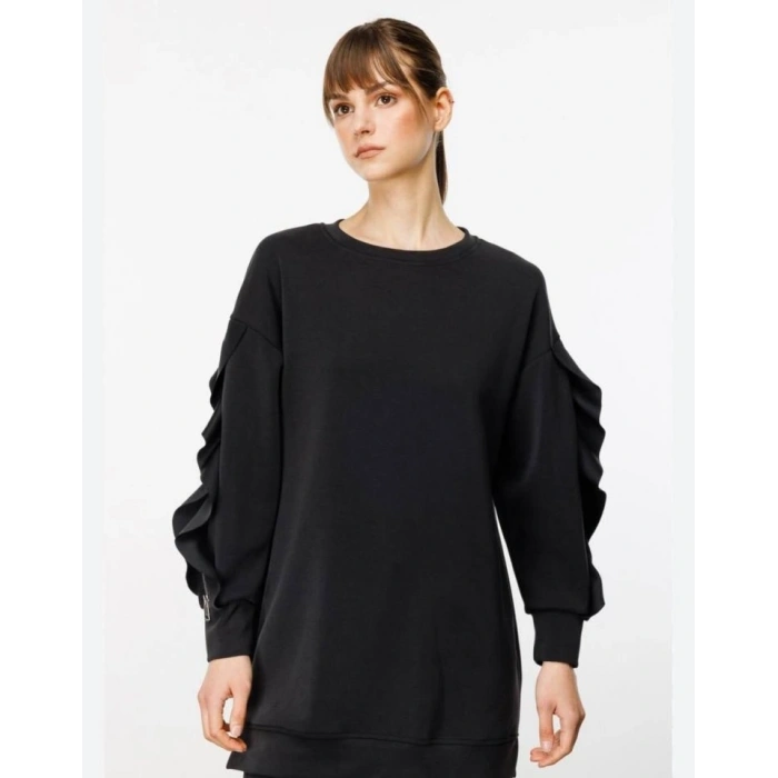 Kadın Bisiklet Yaka Kolları Volan Detay üç Iplik Kumaş Sweat