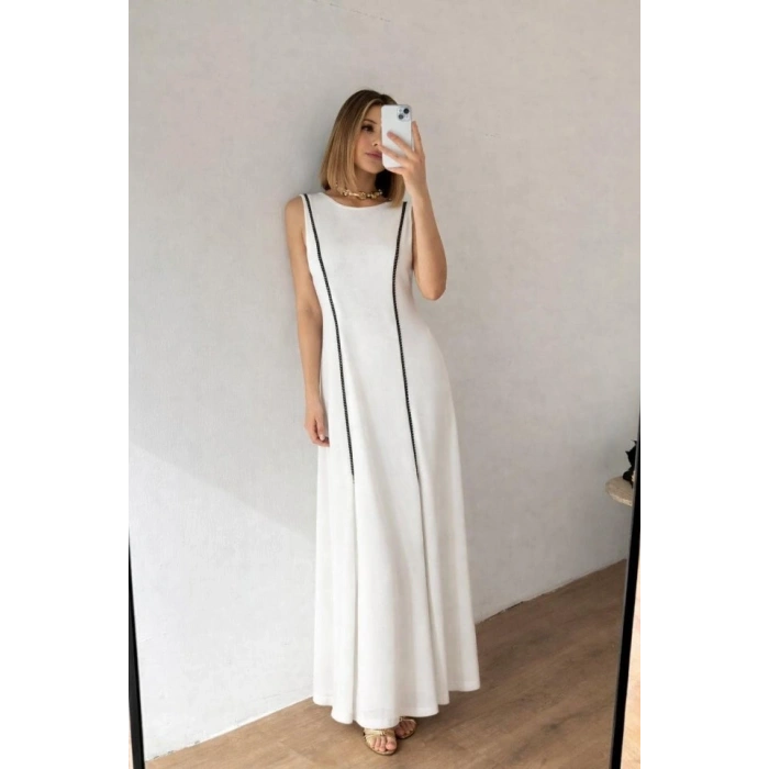 Kadın Bisiklet Yaka Kolsuz şerit Ve Plise Detay Maxi Boy Elbise