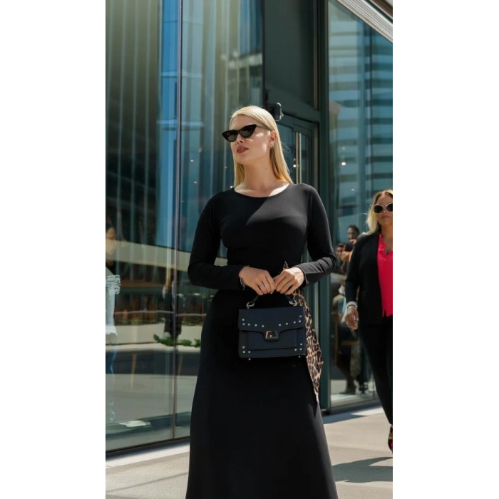 Kadın Bisiklet Yaka Leopar Fiyonk Detay Maxi Boy Elbise