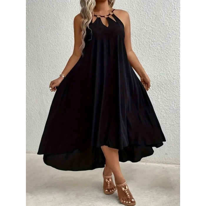 Kadın Boyundan Askılı Damla Detaylı Halkalı Asimetrik Kesim Viskon Elbise