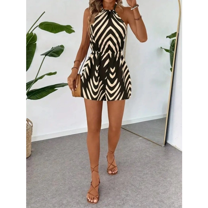 Kadın Boyundan Askılı Halter Yakalı Desenli Süprem Tulum