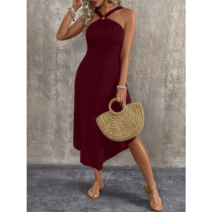 Kadın Boyundan çapraz Askılı Halka Detaylı Asimetrik Kesim Viskon Elbise