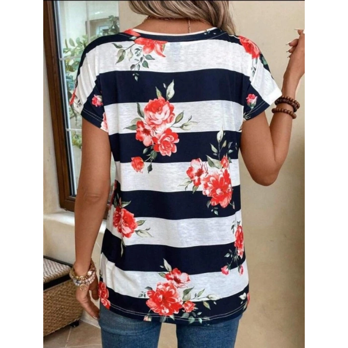 Kadın Çiçek Desenli Yatay Şeritli Bisiklet Yaka Tişört