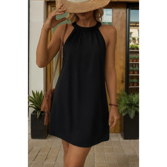 Kadın Daire Yakalı Omuzlardan Açık Sırt Dantel Detaylı Janjan Krep Elbise