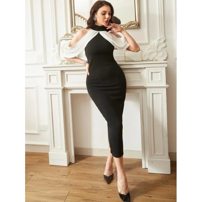 Kadın Daire Yakalı Omuzlardan Kollara Yayılan Kanat Detaylı çift Renkli Uzun Ithal Krep Elbise