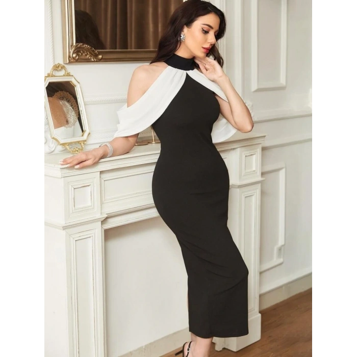 Kadın Daire Yakalı Omuzlardan Kollara Yayılan Kanat Detaylı çift Renkli Uzun Ithal Krep Elbise