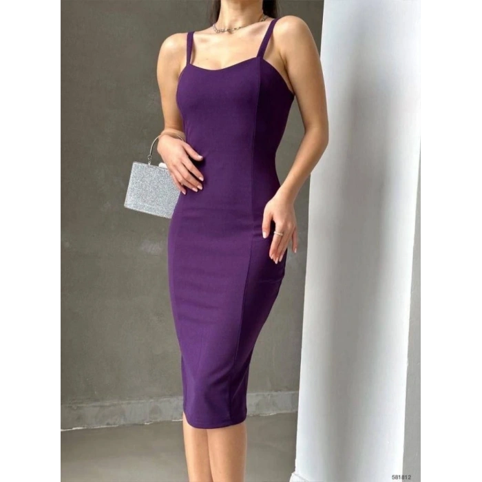 Kadın Dalgıç Krep Kumaş Askılı Midi Boy Elbise