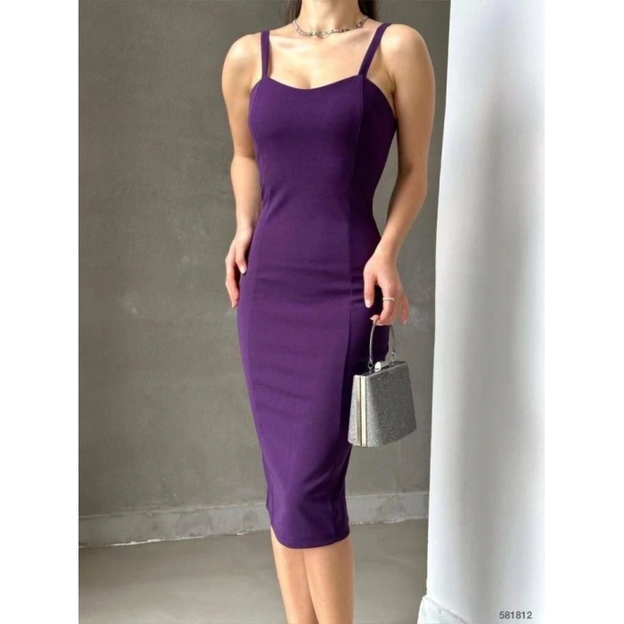 Kadın Dalgıç Krep Kumaş Askılı Midi Boy Elbise