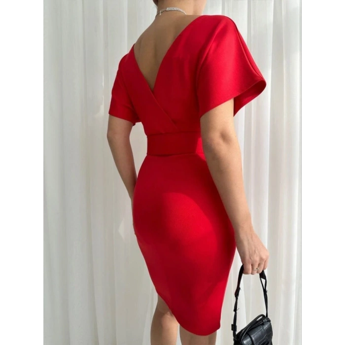 Kadın Dalgıç Krep V Yaka Ve Sırt Dekolte Detaylı Elbise