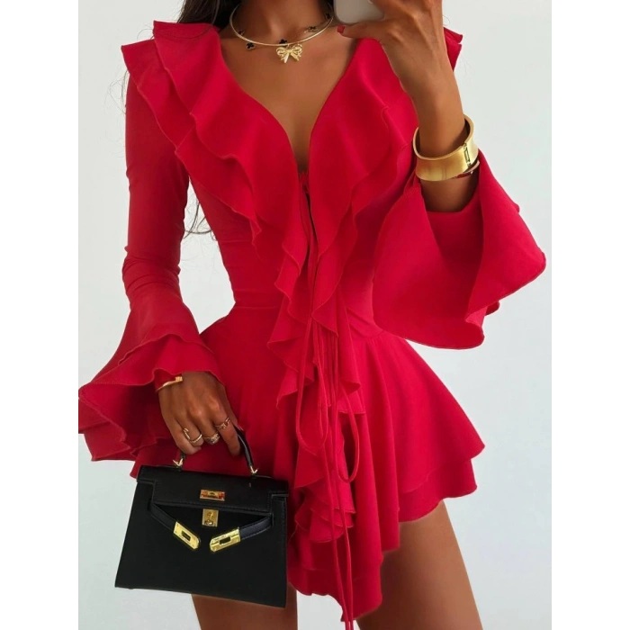 Kadın Dalgıç Kumaş Fırfırlı Elbise