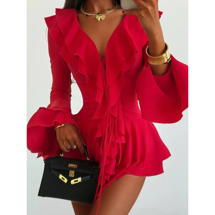 Kadın Dalgıç Kumaş Fırfırlı Elbise