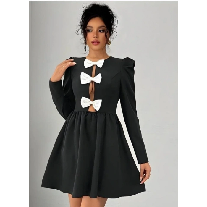 Kadın Dalgıç Kumaş Fiyonk Detaylı Uzun Kollu Mini Boy Elbise