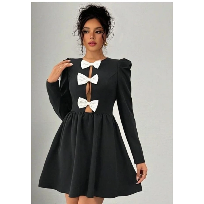 Kadın Dalgıç Kumaş Fiyonk Detaylı Uzun Kollu Mini Boy Elbise