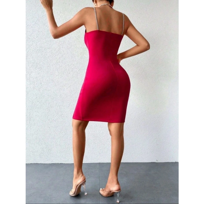 Kadın Dalgıç Kumaş Taş Detaylı Mini Boy Elbise