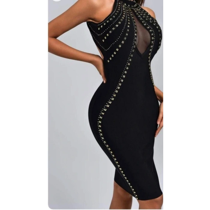 Kadın Dalgıç Kumaş Taş Detaylı Mini Boy Elbise