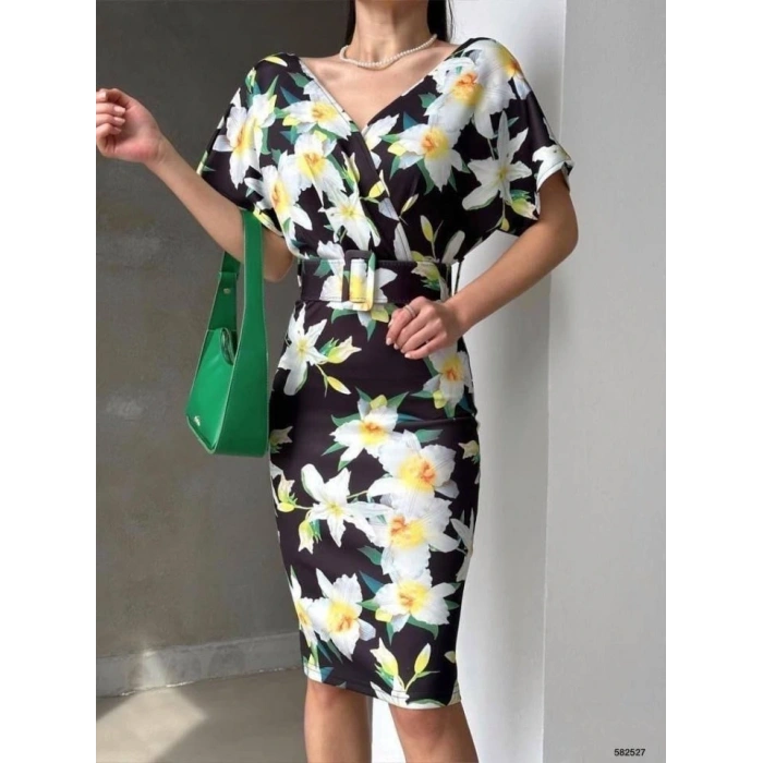 Kadın Dalgıç Kumaş V Yaka çiçek Desenli Kuşaklı Kalem Elbise
