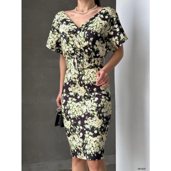 Kadın Dalgıç Kumaş V Yaka çiçek Desenli Kuşaklı Kalem Elbise