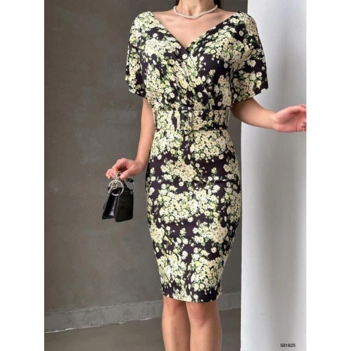 Kadın Dalgıç Kumaş V Yaka çiçek Desenli Kuşaklı Kalem Elbise