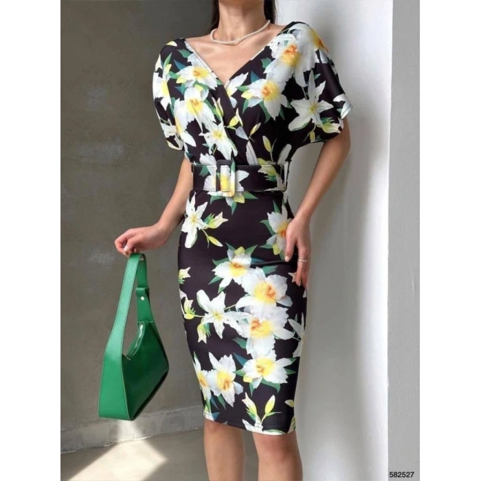 Kadın Dalgıç Kumaş V Yaka çiçek Desenli Kuşaklı Kalem Elbise