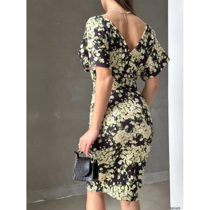 Kadın Dalgıç Kumaş V Yaka çiçek Desenli Kuşaklı Kalem Elbise