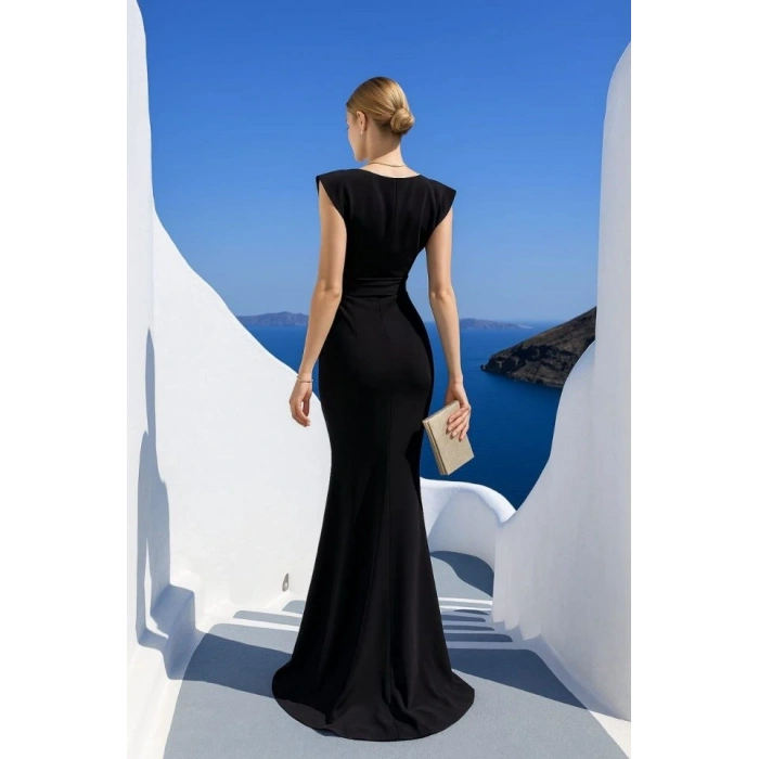 Kadın Dalgıç Kumaş V Yaka Fırfır Detaylı Maxi Boy Elbise