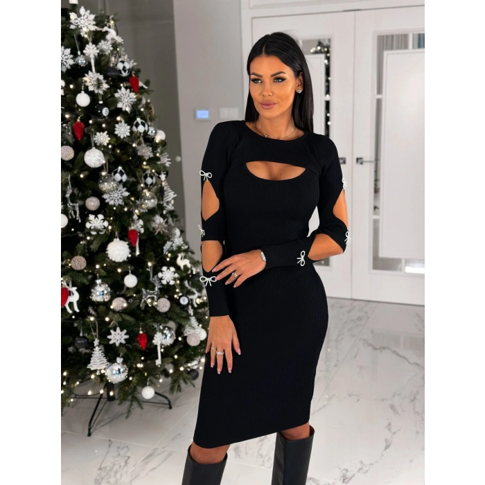 Kadın Dekolte Detaylı Scuba Dalgıç Kumaş Taş Aksesuarli Elbise